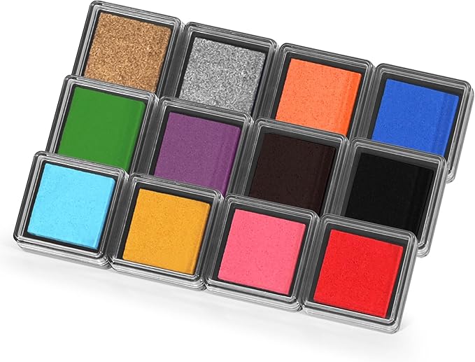 CraftyManor Mini 12 Color Pigment Ink Pads for Stamps, Fingerprint Ink Pad, Stamp Pad for Scrapbook Paper & Stamps for Clothing Stamp & Letter Stamps, Archival