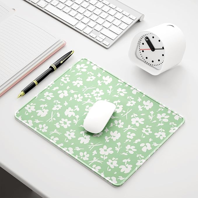 Auhoahsil Mouse Pad, 12 x 10 in Simple Flower Theme Computer Mouse Pad for Desk, Premium-Textured Non-Slip Rubber Stitched Edges Waterproof Square Mouse Mat for Gaming Work Wireless Mice, Green
