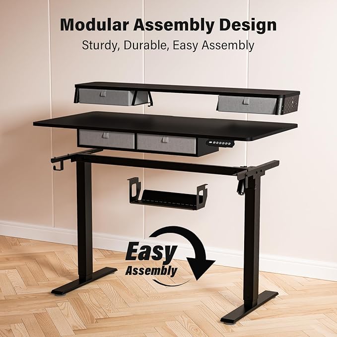Kingant 48 x 24 Inch Electric Standing Desk with 4 Drawers, Height Adjustable Sit to Stand Computer Desk with Storage Shelf and C-Clamp Mount Compatibility for Home Office, Black