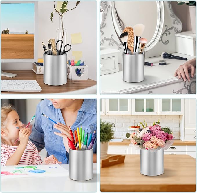 Dopaka Pen Holder Pencil Holder for Desk, Metal desk pen holder, Makeup Brush Holder, pencil cup, pen organizer for desk, for Office, School, Home, and Kids 3.9×3.14inch(Silver)