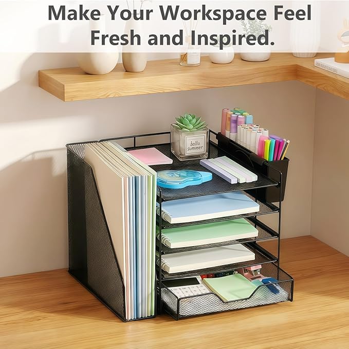Gugsey Desk Organizer, 5-Tier Paper Letter Tray Organizer with File Holder, Drawer and Pen Holder, Desktop Organizer for Office Supplies, Black