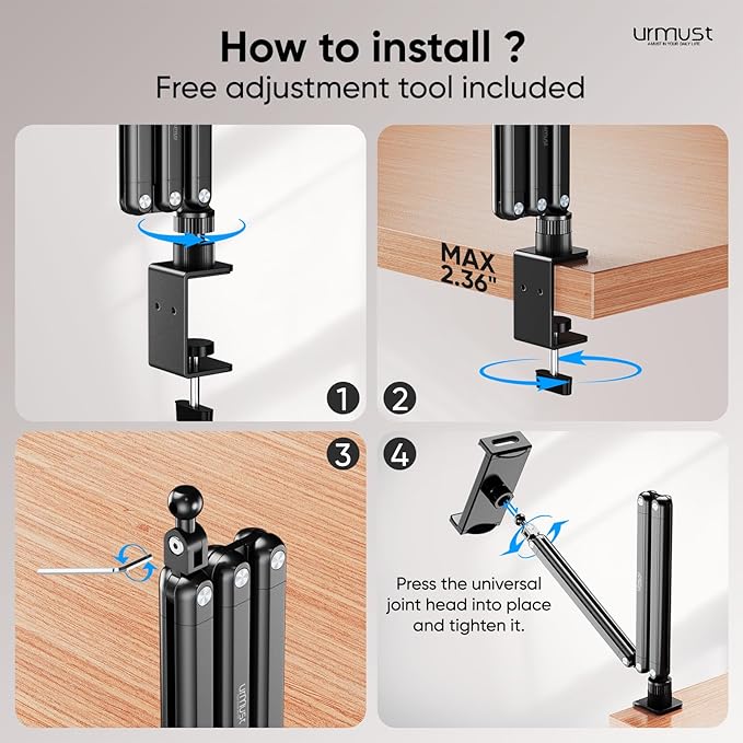 Urmust Tablet Stand for Desk, Adjustable iPad Holder Clamp Mount, 360° Rotation, Sturdy Aluminum Tablet Arm Mount for 4.7"-15.6" iPad Pro/Air/Mini, iPhone, Galaxy Tab, for Kitchen, Work, Video Call