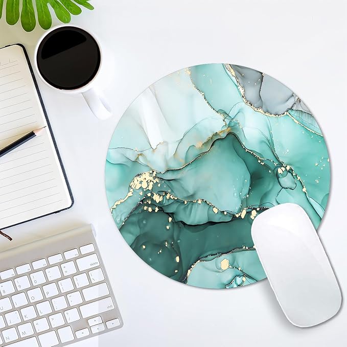 IMAYONDIA Teal Turquoise Mouse Pad Green, Luxury Small Luxury Womens Mouse Pads for Laptop Computer Office Desktop, Mini Travel Modern Round Marble Ink Art Mousepad for Kids Girls, 7.9 X 7.9 in