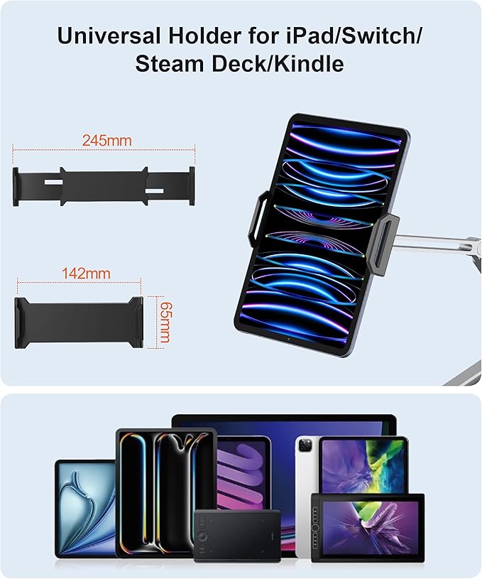 YICOSUN Tablet Arm Mount with Super Grip, Adjustable Foldable Holder & Heavy Duty Aluminum 360° Rotating Clamp for iPad, Phone, Monitor, Kindle - Universal for Desk, Bed, Kitchen - Silver