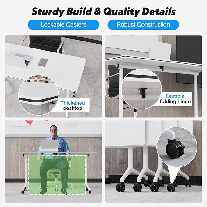 Goakwwuz Conference Room Tables Folding Conference Table Modular White Training Tables with Wheels, Large Flip Top Table for Office,Classroom,Meeting Room(4, White, 55.1”)
