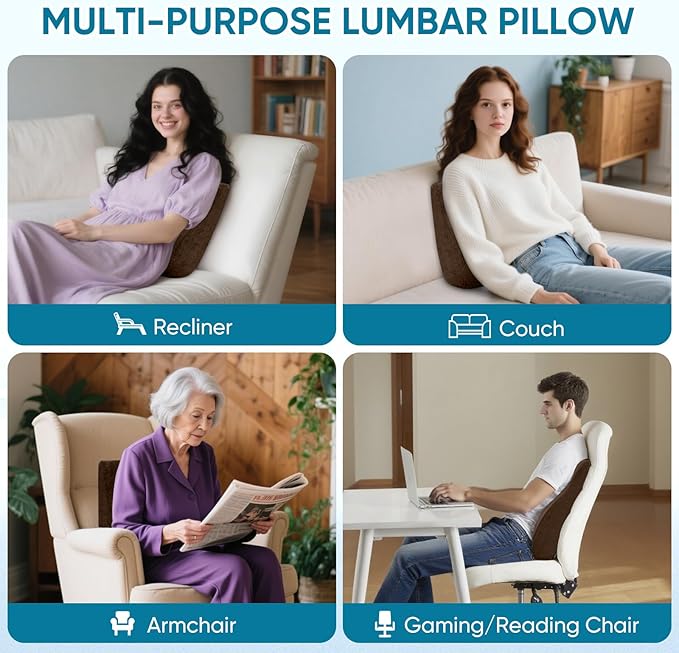 AHUAWA Lumbar Support Pillow for Recliner Chair and Couch, Memory Foam Back Cushion Ergonomic Large Back Support Pillow for Lower Back Pain Relief, with Soft Velvet