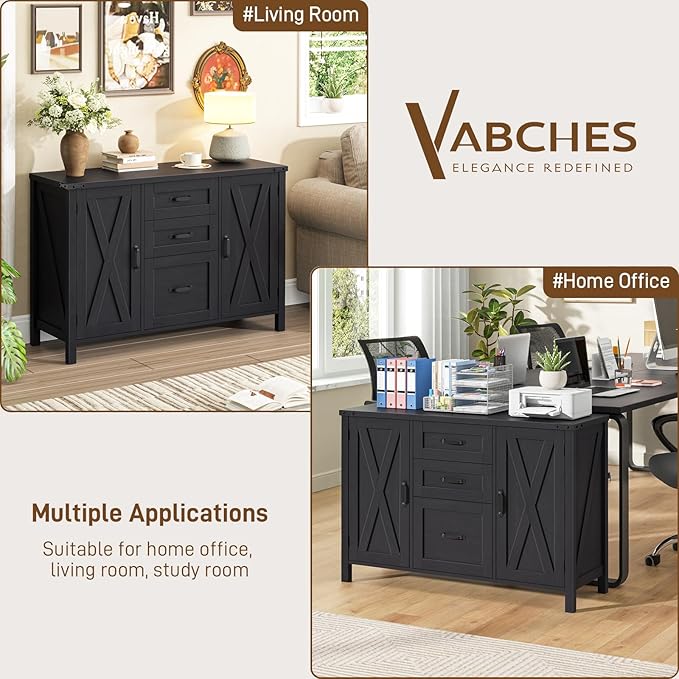 Vabches File Cabinet with 3 Drawers, Farmhouse Lateral File Cabinet Fits Files Letter/A4 Size, Wooden Filing Cabinet with Door and Adjustable Shelves Printer Stand for Home Office, Rustic Black