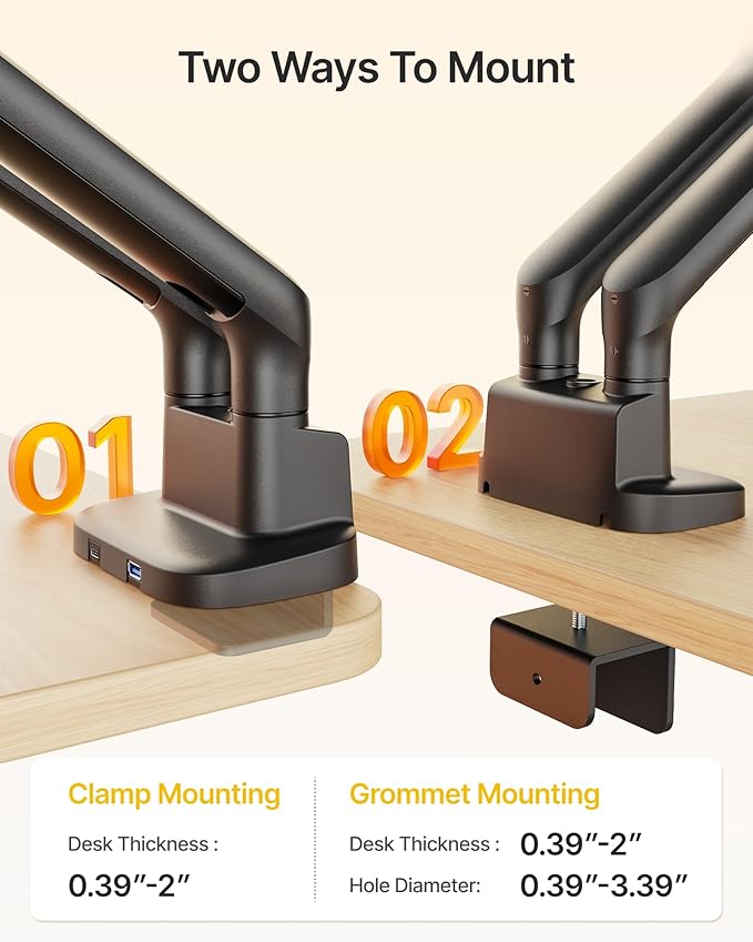 monTEK Dual Monitor Arm with USB, Mechanical Spring Monitor Arm for 17-35" Screens, Adjustable Monitor Desk Mount Each Holds up to 24.2 lbs with C Clamp/Grommet Desk Mount, VESA 75/100mm, MA1011UCBK-D