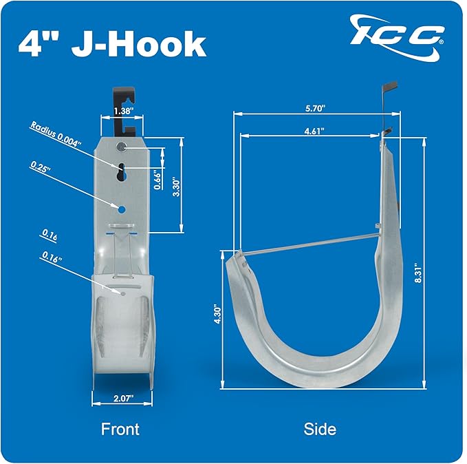 ICC Batwing J Hook 4” with Retainer Clip - Galvanized Steel Cable Management Hooks for Hanging Cable to Hanger Wire and Threaded Rod - Rust-Resistant, EIA and TIA Compliant - 4 Inch 25 Pack