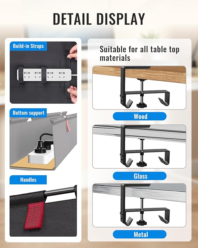 No Drill Cable Management Under Desk, 48" Cord Organizer for Table, Clamp/Screw Mount Cable Tray, Premium Black Fabric Desk Cord Management Tray for Office, Home (Extra Large (48 Inch))