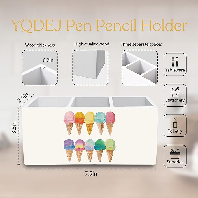 YQDEJ Summer Ice-Cream Pen Holder for Desk Accessories Lovers Gifts, Watercolor Ice Cream Cone Wooden Box Sign Desk Pencil Holder Organizer for Kids Room Home Classroom Decoration
