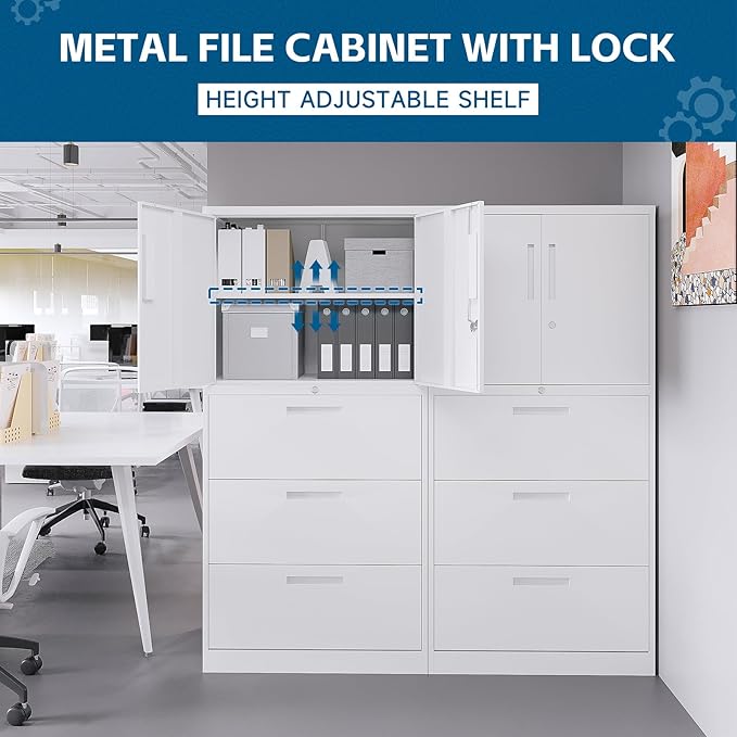 PEUKC 3-Drawer Metal File Cabinet, Lateral Vertical Filing Cabinets for Home Office, Locking Cabinet with Storage Shelves, Legal/Letter/A4 Size Office File Cabinet,(White, Assemble Required)