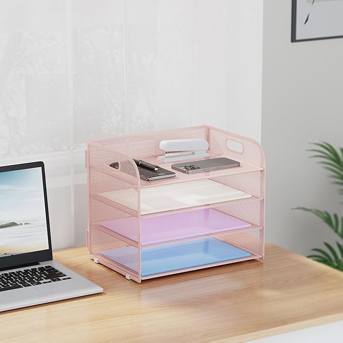 Marbrasse 2 Pack 4 Tier Paper Organizer Letter Tray - Mesh Desk File Organizer with Handle, Paper Sorter Organizer for Letter/A4 Office File Folder Holder (Pink, 12.6" x 9.1" x 10.7")