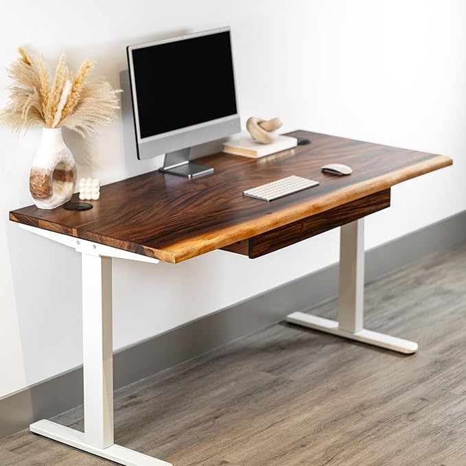 Standing Desk with Drawer – Walnut Solid Wood Desk, Natural Live Edge, Adjustable Height Dual Motor, Sit Stand for Home Office (White, W60 x D27)