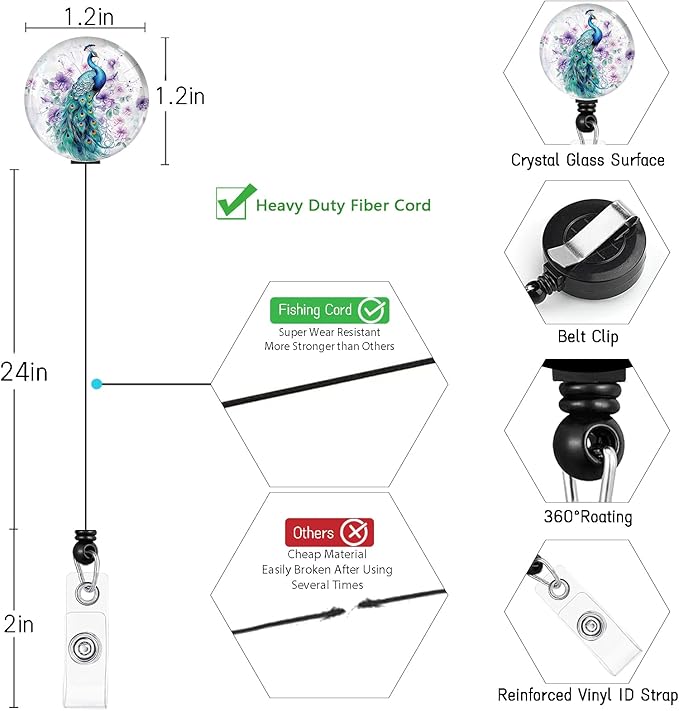 Peacock Lanyards for ID Badges, Badge Holder with Lanyard Detachable, Badge Reel Retractable Keychain Clip, Vertical Cruise Ship Cards Holder Protector Name Tags, Teacher Nurse Office Women Gifts