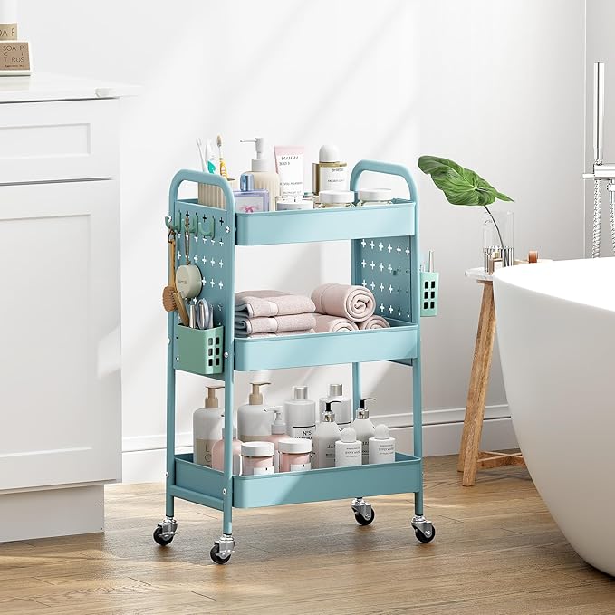 KINGRACK 3 Tier Rolling Cart with DIY Hanging Board, Metal Rolling Utility Cart with Wheels Handles Baskets Hooks, Rolling Storage Cart Suitable for Bathroom, Kitchen, Office, Nursery Diaper(Blue)