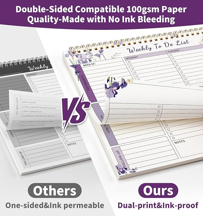 ALKALO 104 Pgs Weekly To Do List Notepad, 52 Duplex-Printed Undated Sheets 100 GSM(8.5"×11") Weekly Desk Planner For Work Home School Office Desk Accessories Supplies & Goal Setting Tasks - Purple Iris
