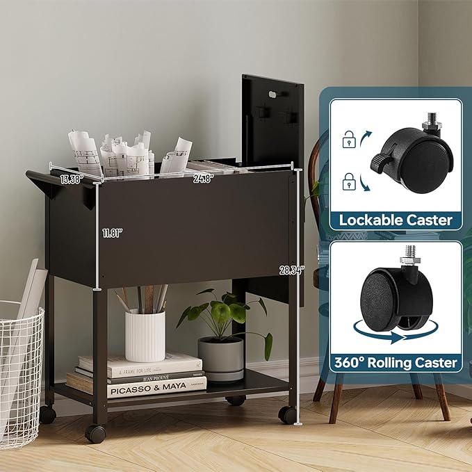 MIIIKO Mobile File Cart with Lock, Rolling File Cabinet Hanging Letter/Legal Size with Lockable Sliding Cover, Office File Organizer on Wheels