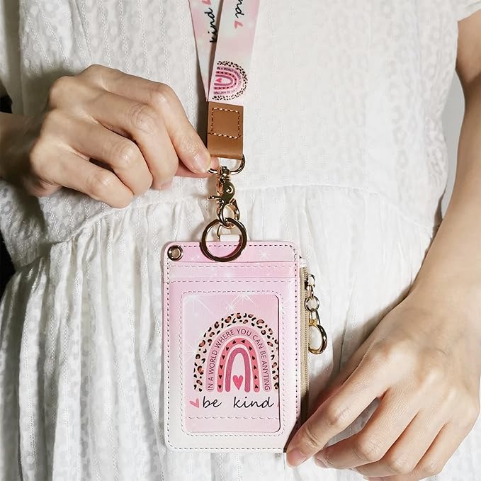 lanyards for id Badges, Lanyard Wallet for Women,Fashion Badge Holder with Zipper(Be Kind