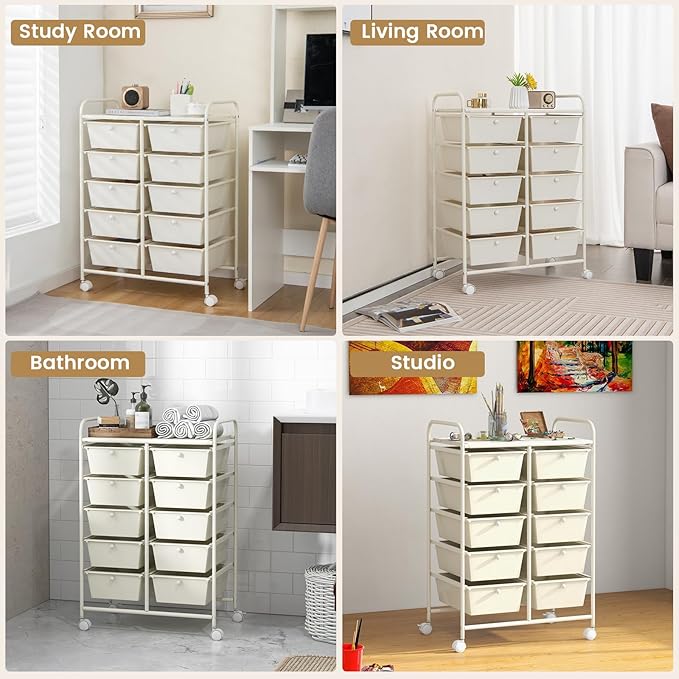 HAPPYGRILL 10-Drawer Rolling Storage Cart, Storage Organizer Cart with Lockable Wheels, Beauty Salon Movable Utility Cart for School, Office, Home, (Ivory)