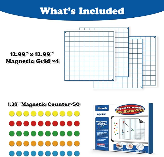 Aizweb Giant Magnetic XY Coordinate Dry Erase Grid,26" x 26" Graph Board for School Classroom Supplies,Magnetic Whiteboard with Counters,Math Manipulatives for Teacher Education