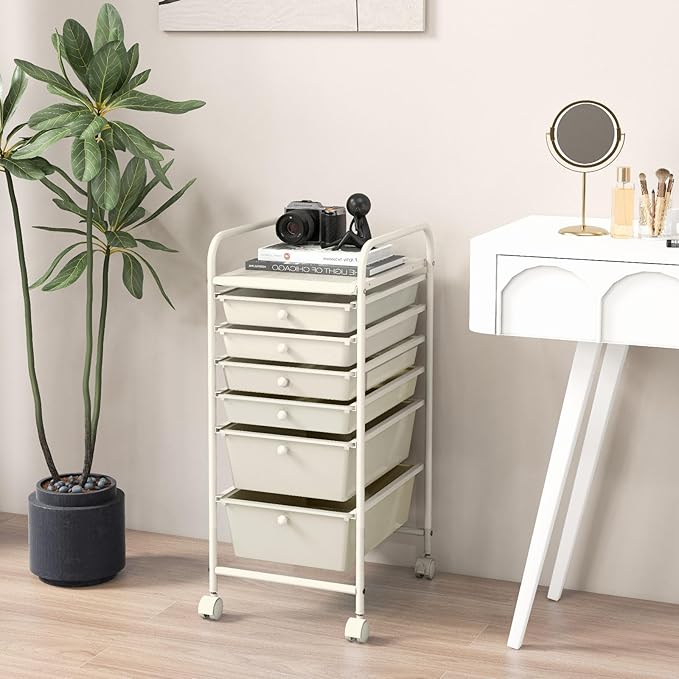 RELAX4LIFE 6-Drawer Rolling Storage Cart - Classroom Organization on Wheels w/Removable Plastic Drawers, Mobile Art Craft Cart for School Paper Home Office, Utility Cart with Drawers (White)