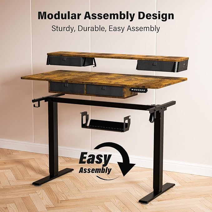 Kingant 40 x 24 Inch Electric Standing Desk with 4 Drawers, Height Adjustable Sit to Stand Computer Desk with Storage Shelf and C-Clamp Mount Compatibility for Home Office, Rustic Brown