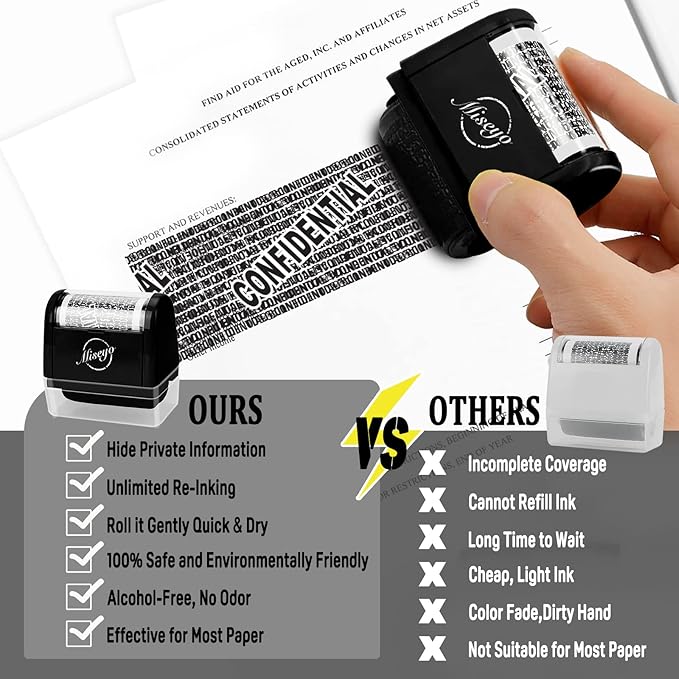 Miseyo Identity Theft Protection Roller Stamp Set - Black (6 Refill Ink Incleded)