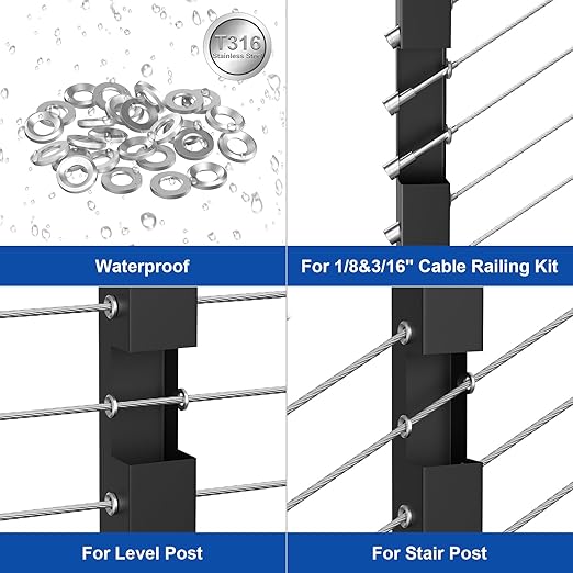 BLIKA 20Pack Cable Railing Adhesive Sleeves for 1/8" 5/32" 3/16" Wire Rope Cable, T316 Stainless Steel, 2.8mm Thickness Cable Railing Protector Adhesive Sleeves for Deck Stair Cable Railing Post Kits