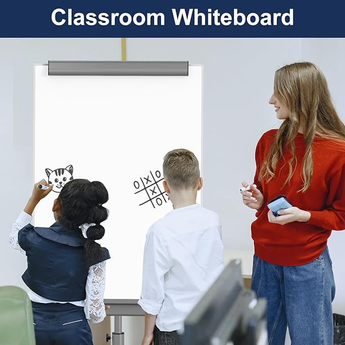 TSJ OFFICE Rolling Whiteboard Standing - 40 x 26 Inches Magnetic Mobile White Board with Stand, Height Adjustable Dry Erase Board on Wheels with Paper Clamp on Top, Gray