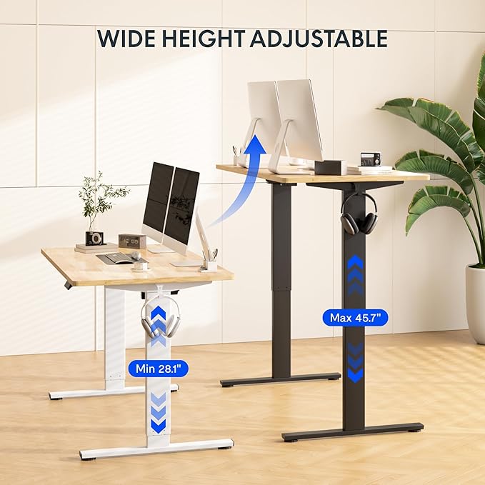 FLEXISPOT EN1 One-Piece Solid Wooden Standing Desk 55 x 24 Inches Height Adjustable Electric Sit Stand Home Office Desks (White Frame + Rubber Wood Top, 2 Packages)