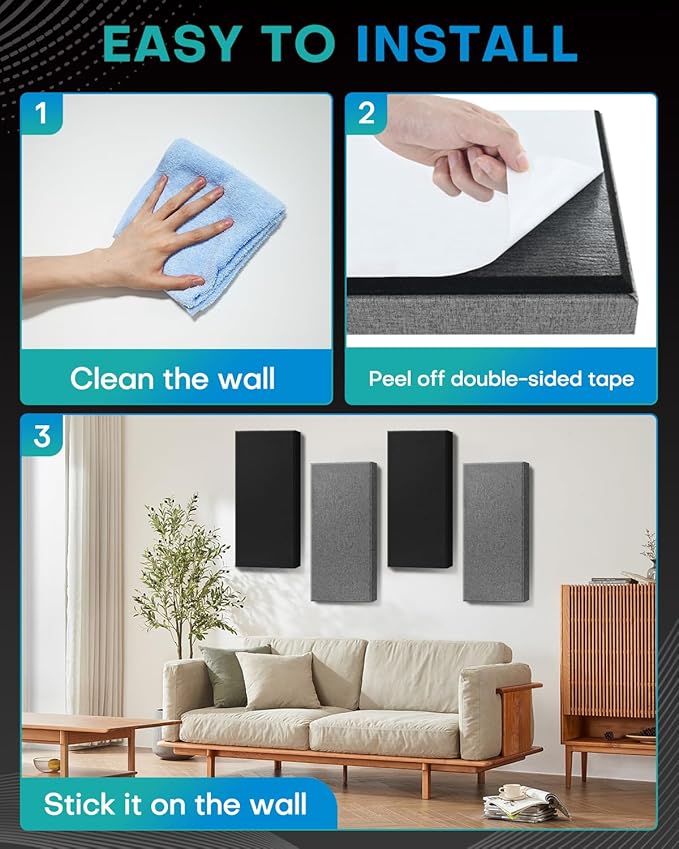 4Pack Fiberglass Acoustic Panels, Self Adhesive Sound Proof Foam Panels for Walls, Sound Dampening Panels for Studios, Office, Home Theater Soundproofing Absorbing Noise Reducing, 23.6x11.8x2.5" Grey