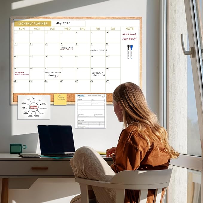 ARCOBIS Calendar Whiteboard with Cork Board, 36"x24" Wood Frame Dry Erase Calendar for Wall, Magnetic Monthly Combination Board for Home, Office, School, Kitchen, Beige