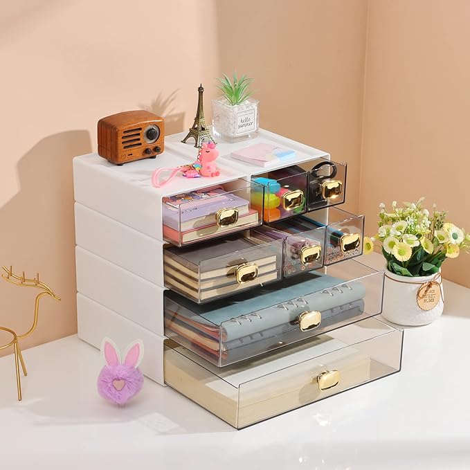 Spacious Desk Drawers, Stackable Desktop Organizer, Plastic Storage Box for Office, School & Home Supplies (1 Middle & 2 Small Drawers, White)