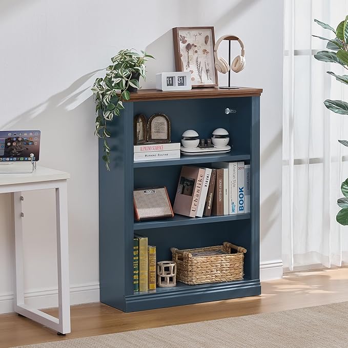 RWYHG 43" Blue Tall Bookshelf Set of 3,3-Tier Thick Wooden Book Shelf with Adjustable Shelves,Free Standing Farmhouse Bookcase with Open Display Storage,Floor Vintage Bookshelves for Living Room 