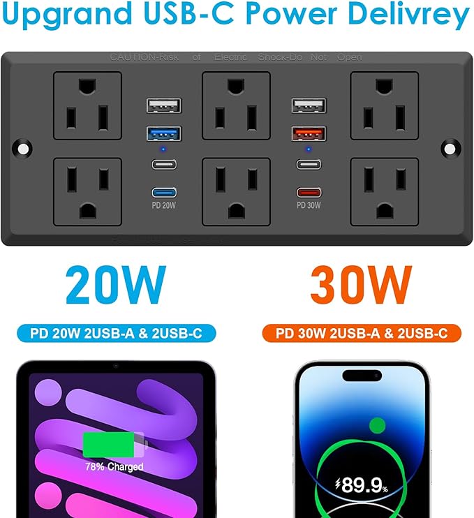 30W Recessed Power Strip USB C, Desk Flush Mount Outlet Plug in 6 AC & 8 USB Ports for Furniture Conference Power Hub, 6FT