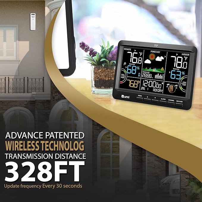 Weather Station Indoor Outdoor Thermometer Wireless, Home Atomic Clock with Large Constant Display, Inside Outside Temperature Humidity Monitor, Dew Heat Point, Barometer Black