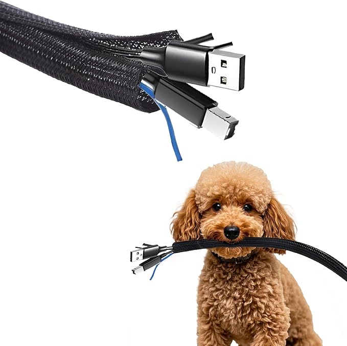 10ft - 1/4 inch Cord Protector Wire Loom Tubing Cable Sleeve Split Sleeve for USB Cable Power Cord Audio Video Cable - Management for TV Computer - Protect Cat from Chewing Cords - Black