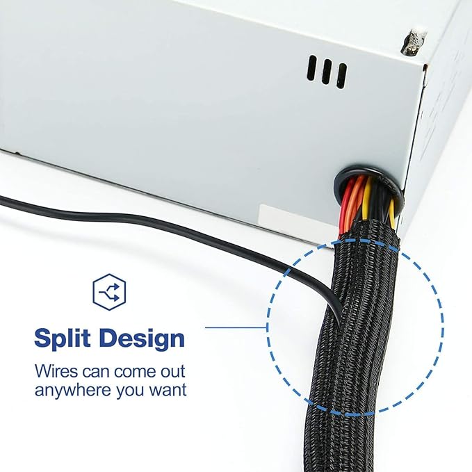 QCSIW 50ft - 1/2 Inch Heavy-Duty Braided Cable Sleeve, Split Wire Loom Tubing Cord Protector for USB/Power/Audio Cables - Flame Retardant, Pet Chew Proof - Black