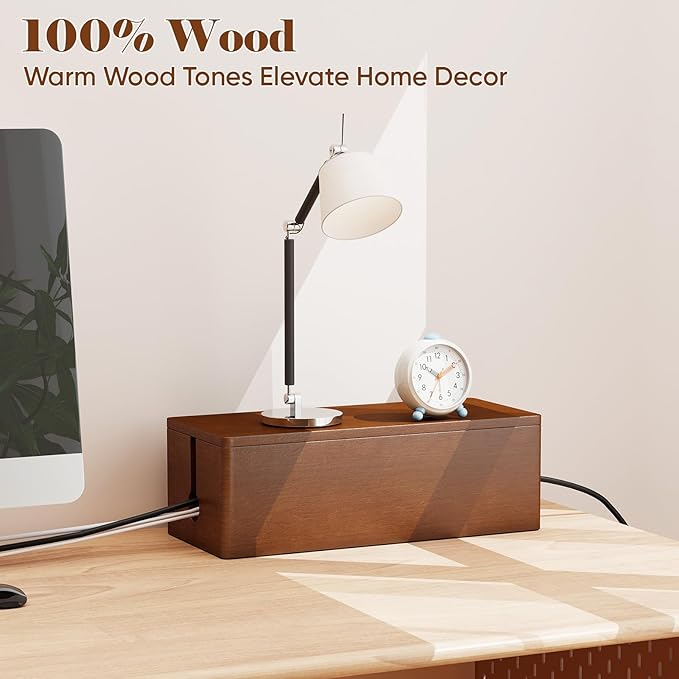 Delamu Wood Cable Management Box with Magnetic Lid, Duty Desk Charging Cord Organizer Cord Box Hider with Ventilation for Desk, Floor, Home Office, Power Strip Cover Box Baby Proof