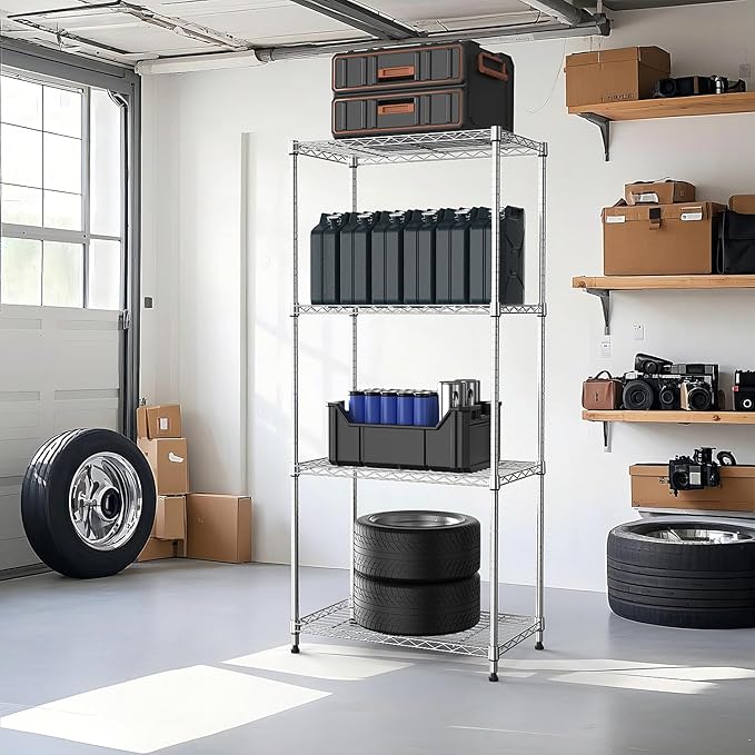 M MZG 1000 lbs 4Tier Shelf Metal Storage Shelves Wire Rack Closet Organizers with Wheel for Garage Kitchen Bathroom Laundry Chrome 13.7" D x 23.6" W x 53.4" H