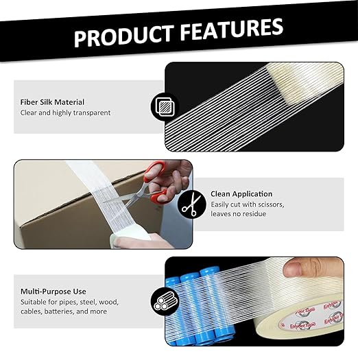 Ealyder Tape 5 Pack Transparent Reinforced Fiberglass Tape – 2 Inch x 30 Yards, 5.5 Mil Filament Strapping Tape, Adhesive Heavy Duty