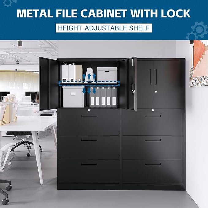 PEUKC 3-Drawer Metal File Cabinet, Lateral Vertical Filing Cabinets for Home Office, Locking File Cabinets with Storage Shelves, Legal/Letter/A4 Size Office File Cabinet (Black, Assemble Required)