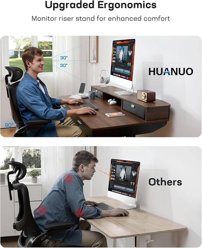 HUANUO 48 x 30 inch Electric Standing Desk with 4 Drawers, Adjustable Height Sit Stand Home Office Desk with Two Tiers, Ergonomic Adjustable Stand up Desk C-Clamp Monitor Mount Compatible, Walnut
