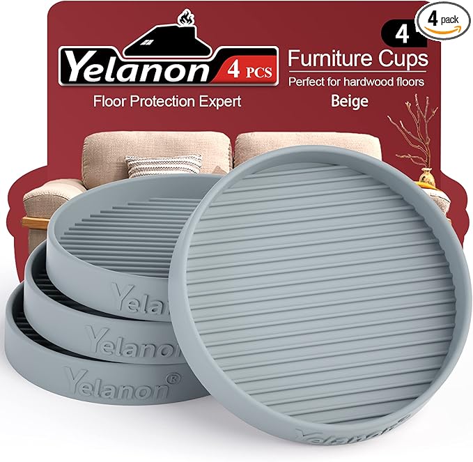 Furniture Coasters - 4 Pcs 4”Round Furniture Caster Cups - Non Slip Pads Hardwoods Floors Non Skid Furniture Grippers Rubber Furniture Feet Anti Slide Floor Protector for Bed Couch Stoppers Gray