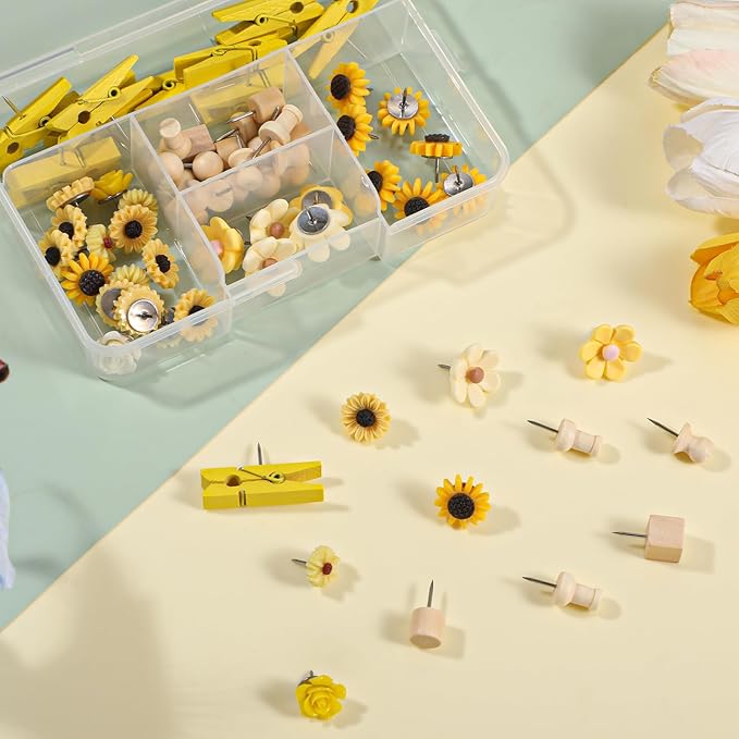78 Pieces Push Pins Set Cute Thumb Tacks Decorative Flower Push Pins for Wall Cork Board Bulletin Boards with Storage Box(Yellow Style)