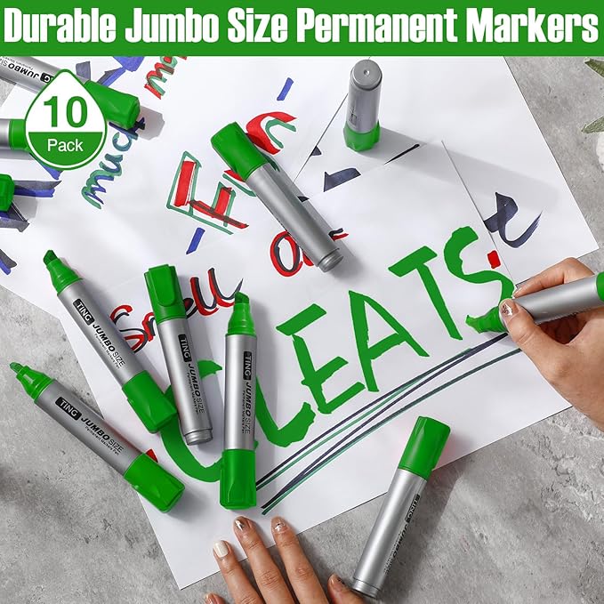 Fuutreo 10 Pack Jumbo Permanent Markers Bulk Large Chisel Tip Permanent Markers Quick Drying Waterproof Big Huge Poster Pens for Office, Logistics Company and More Adult(Grass Green)