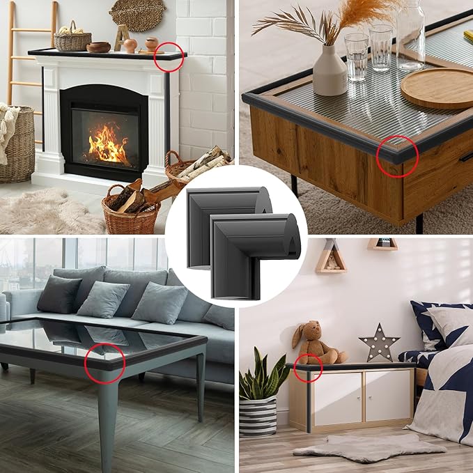 8 Pack Large Table Corner Protector for Kids, Baby Proofing Soft Rubber Foam Cushion Corner Covers, Heavy-Duty Corner Bumper Guards for Furniture Stair Cabinet Fireplace - Pre-Taped, Black