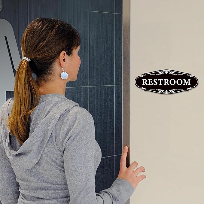 Restroom Sign for Business and Home,Self-adhesive Unisex Bathroom Sign Sticker,Waterproof Vinyl Toilet Decor for House,Office,Shop,Door(Black)