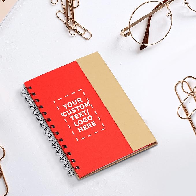 DISCOUNT PROMOS Custom Eco Friendly Spiral Notebooks with Pens Set of 10, Personalized Bulk Pack - Perfect for School, Office, Home - Red